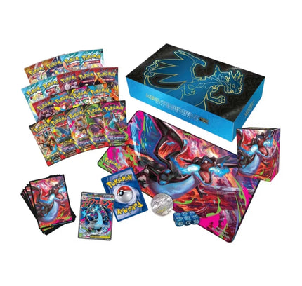 Mega charizard x-themed pokémon tcg ultra premium collection starter box with vibrant blue and black packaging and glowing dragon silhouette