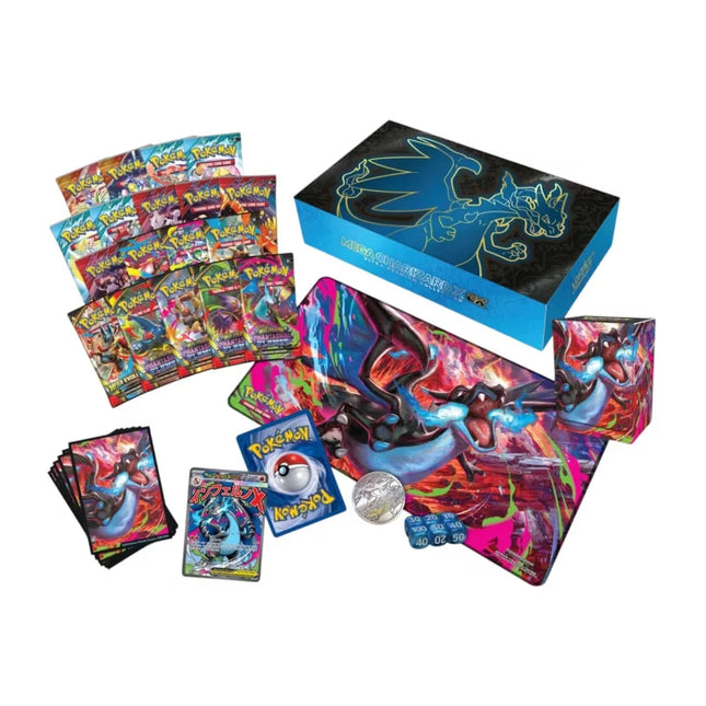 Mega charizard x-themed pokémon tcg ultra premium collection starter box with vibrant blue and black packaging and glowing dragon silhouette
