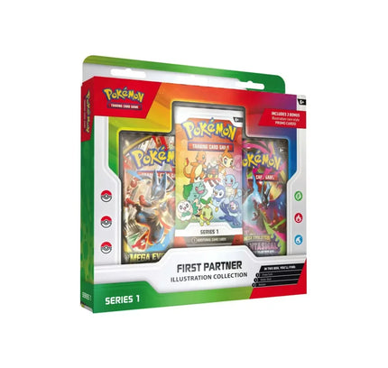 2026 Pokémon first partner illustration collection series 1 box set with three vibrant booster packs and bonus promo card