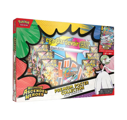 2026 Pokémon mega evolution ascended heroes mega gardevoir premium poster collection box with vibrant comic-style artwork and card packs