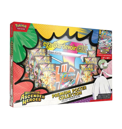 2026 Pokémon mega evolution ascended heroes mega gardevoir premium poster collection box with vibrant comic-style artwork and card packs