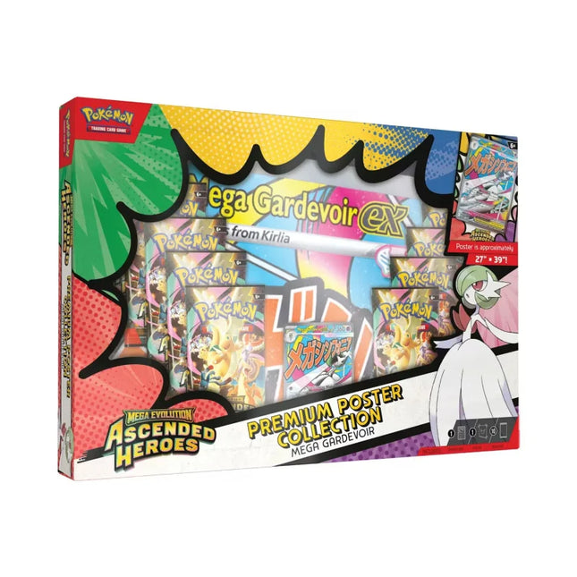 2026 Pokémon mega evolution ascended heroes mega gardevoir premium poster collection box with vibrant comic-style artwork and card packs