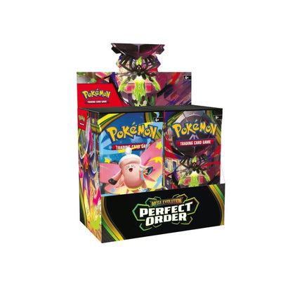 2026 pokémon mega evolution perfect order booster box with vibrant pikachu and spider pokémon artwork and bold yellow branding