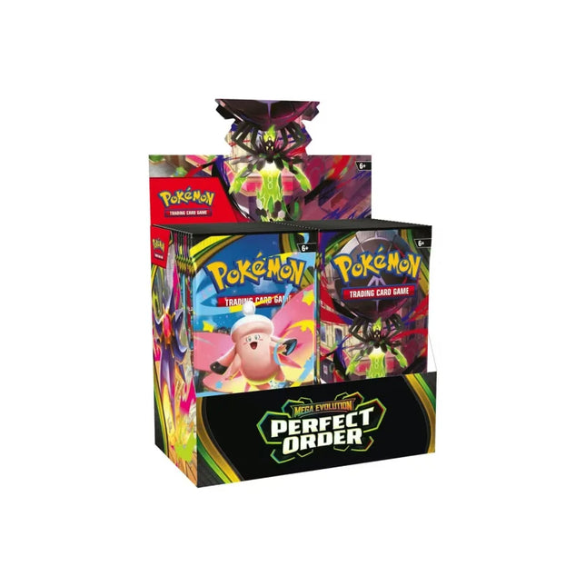 2026 pokémon mega evolution perfect order booster box with vibrant pikachu and spider pokémon artwork and bold yellow branding