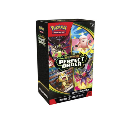 2026 pokémon mega evolution perfect order booster bundle box with vibrant pokémon artwork on black red and green packaging
