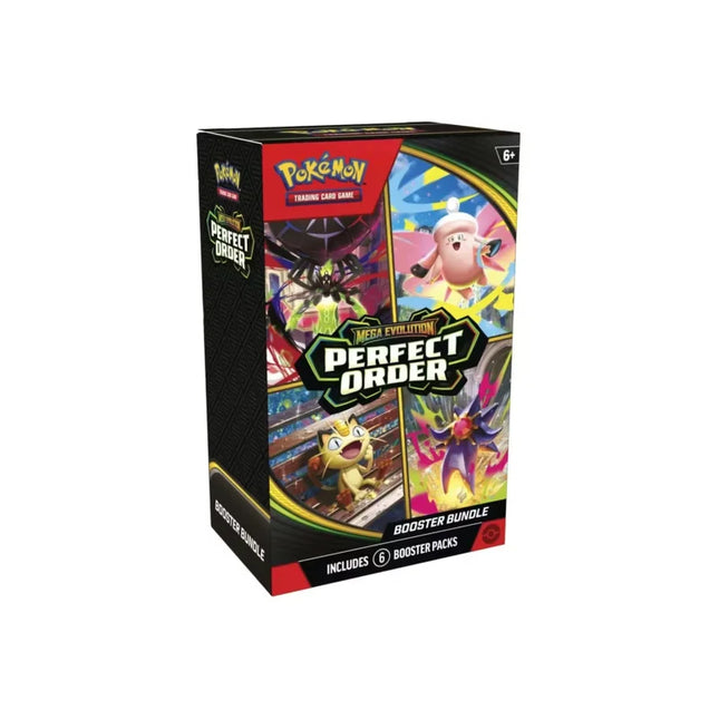 2026 pokémon mega evolution perfect order booster bundle box with vibrant pokémon artwork on black red and green packaging