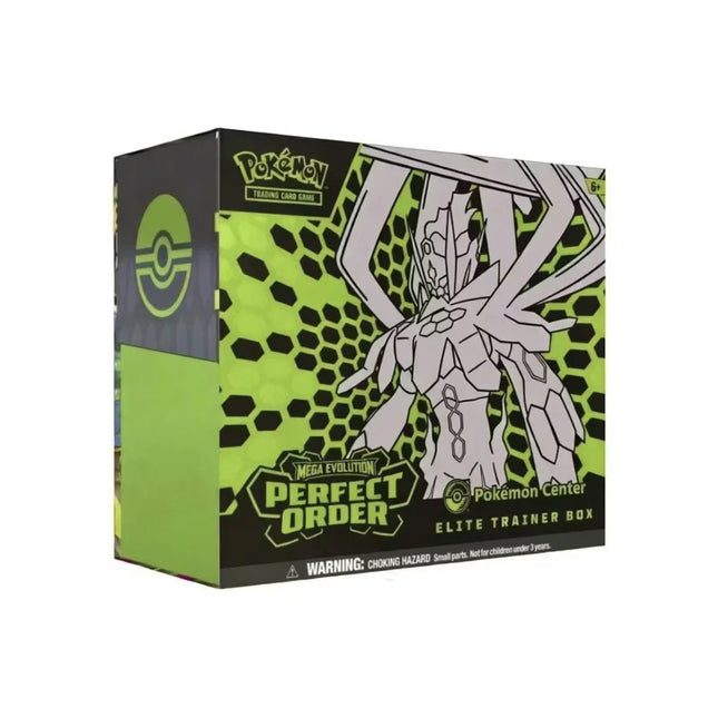 Lime green and black pokemon center elite trainer box featuring white mega evolution artwork of legendary pokemon perfect order