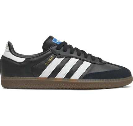 Black Adidas Samba OG sneaker with white stripes and gum sole for soccer players