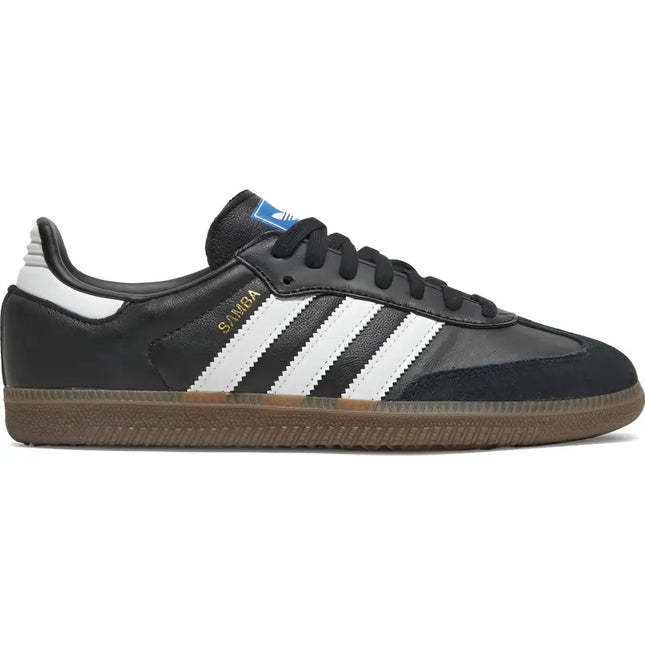 Black Adidas Samba OG sneaker with white stripes and gum sole for soccer players