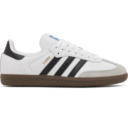 White Adidas Samba sneaker with black stripes and gum sole for women’s style