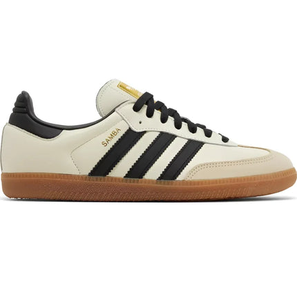 Classic Adidas Samba OG Cream with black stripes and gum sole in cream white sand