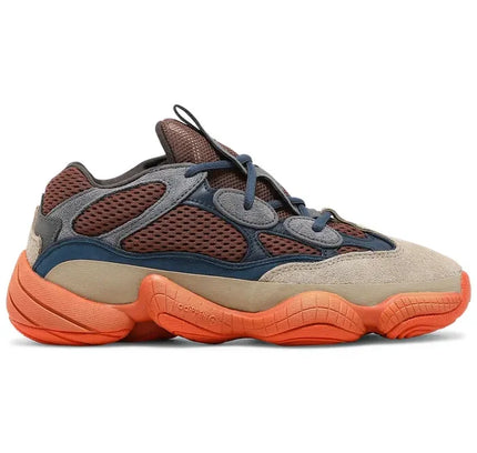 Adidas Yeezy 500 Enflame athletic sneaker in brown mesh, grey suede, and orange sole