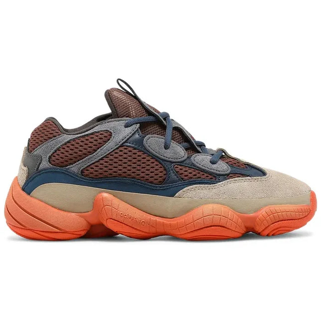 Adidas Yeezy 500 Enflame athletic sneaker in brown mesh, grey suede, and orange sole