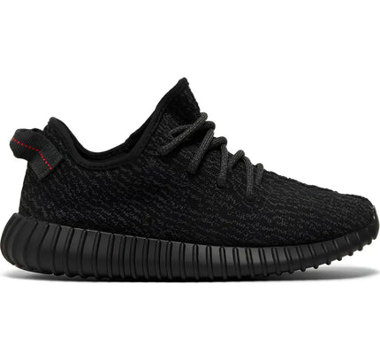 Adidas Yeezy Boost 350 Pirate Black featuring a minimalist silhouette with ribbed sole