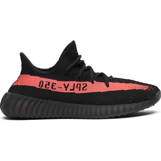 Black adidas Yeezy Boost 350 V2 with coral stripe and SPLY-350 text on the side