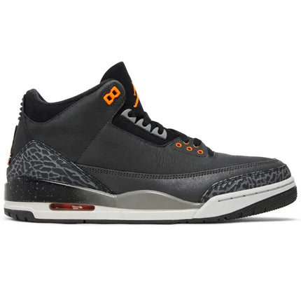 Black and grey Air Jordan 3 Retro Fear 2023 sneaker with orange accents and elephant print