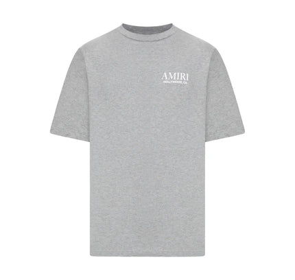 Heather gray Amiri Bones Stacked T-Shirt with AMIRI HOLLYWOOD CA print, perfect for low dunks Nike Dunk Jordan 4 fans