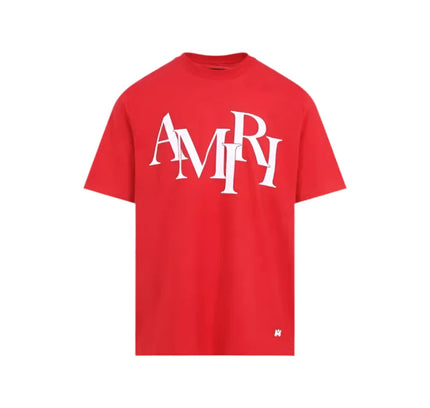 Red Amiri Staggered Logo Tee displayed on a product page showcasing the logo tee red style