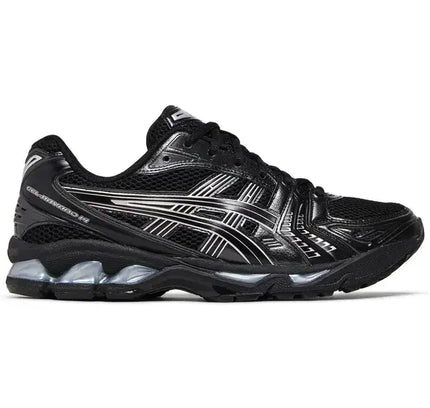 Black ASICS Gel-Kayano 14 with silver accents and gel cushioning for superior comfort