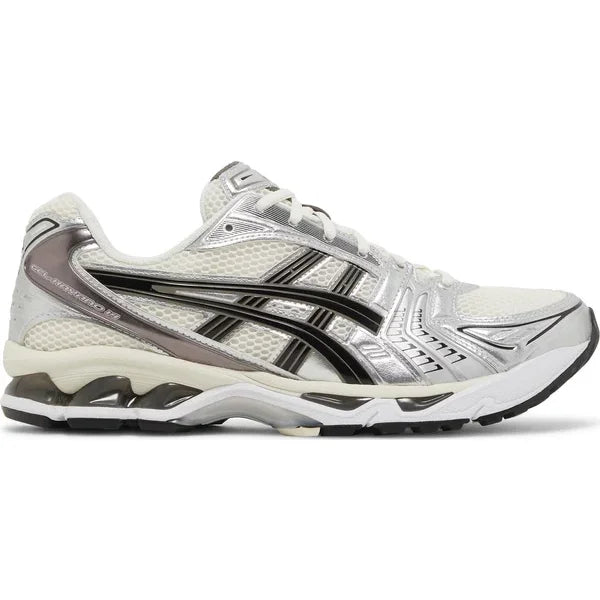White and silver ASICS Gel-Kayano with off-white mesh upper and black accents
