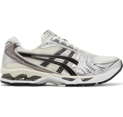 White and silver ASICS Gel-Kayano with off-white mesh upper and black accents