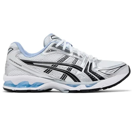 White and silver ASICS Gel Kayano 14 JJJound athletic shoe with blue sole accents