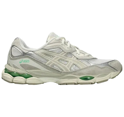 White and silver ASICS Gel-Nyc Cream Fossil athletic shoe with green accents for Nike Dunk fans