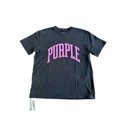 Black short-sleeved T-shirt with PURPLE in pink arch, perfect for Nike Dunk or Jordan 4 fans