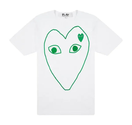 White short-sleeve T-shirt with green heart graphic from Comme des Garcons PLAY