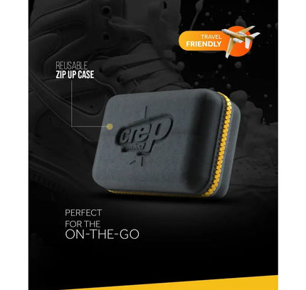 Black zip-up case with gold zipper featuring Crep branding from Crep Protect Cure Travel Kit