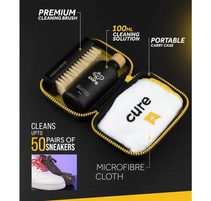 Portable sneaker cleaning kit featuring Crep Protect Cure Travel Kit with brush and solution