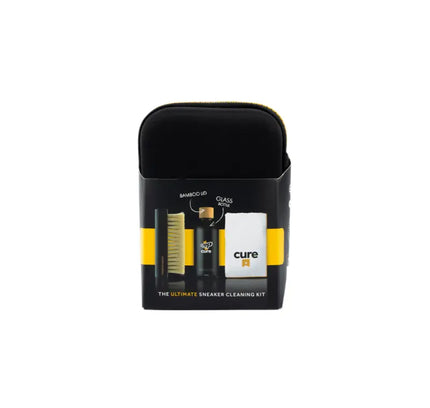 Black and yellow Crep Protect Cure Travel Kit with brushes and patented cleaning solution