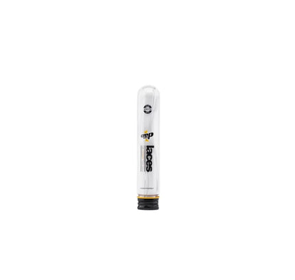 Clear glass tube with black and gold accents for Crep Protect Pre-Treated Flat Laces