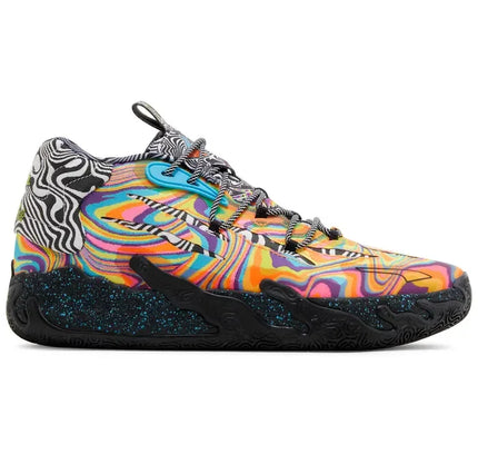 Athletic sneaker with rainbow patterns, speckled midsole, Puma Lamelo Ball collaboration