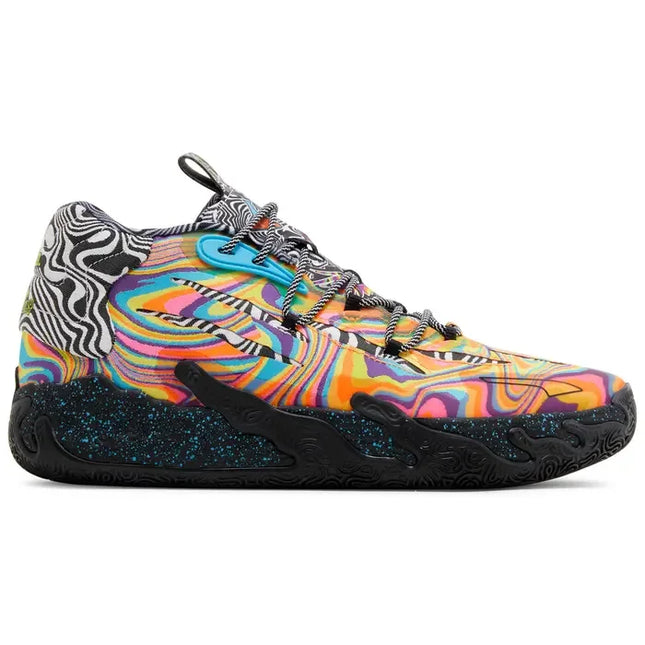 Athletic sneaker with rainbow patterns, speckled midsole, Puma Lamelo Ball collaboration