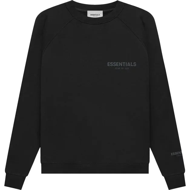 Black pullover crewneck from Fear of God Essentials Core Collection with printed text