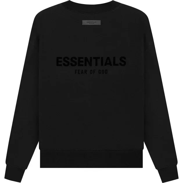 Black crewneck sweatshirt from Fear of God Essentials Core Collection with printed text