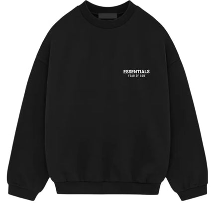 Black Fear of God Essentials Fleece Crewneck with ESSENTIALS text on chest