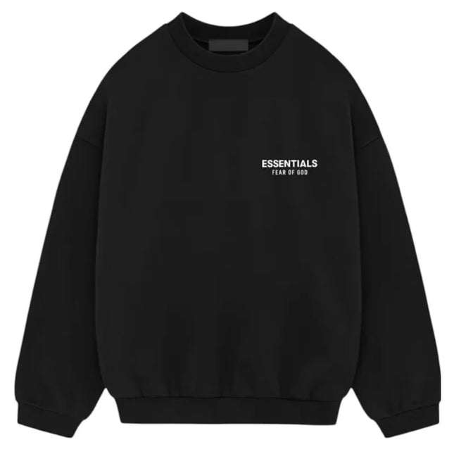 Black Fear of God Essentials Fleece Crewneck with ESSENTIALS text on chest