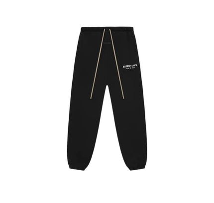 Black Fear of God Essentials Fleece Sweatpants with reflective stripes and text detail