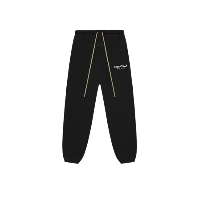 Black Fear of God Essentials Fleece Sweatpants with reflective stripes and text detail