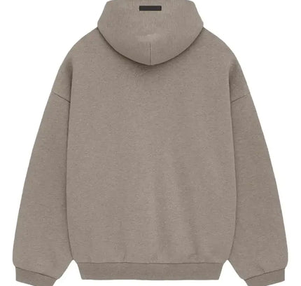 Taupe Fear of God Essentials Fleece Hoodie with size guide for perfect fit