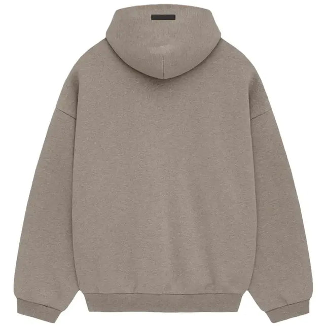 Taupe Fear of God Essentials Fleece Hoodie with size guide for perfect fit