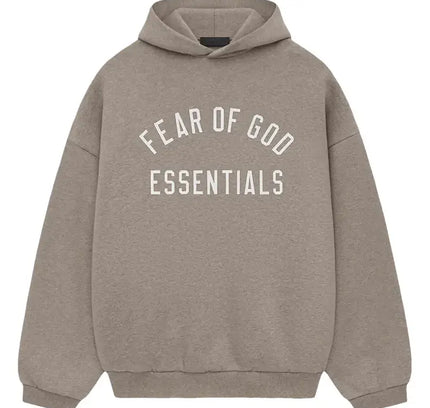 Taupe-colored Fear of God Essentials Fleece Hoodie featuring stylish logo design