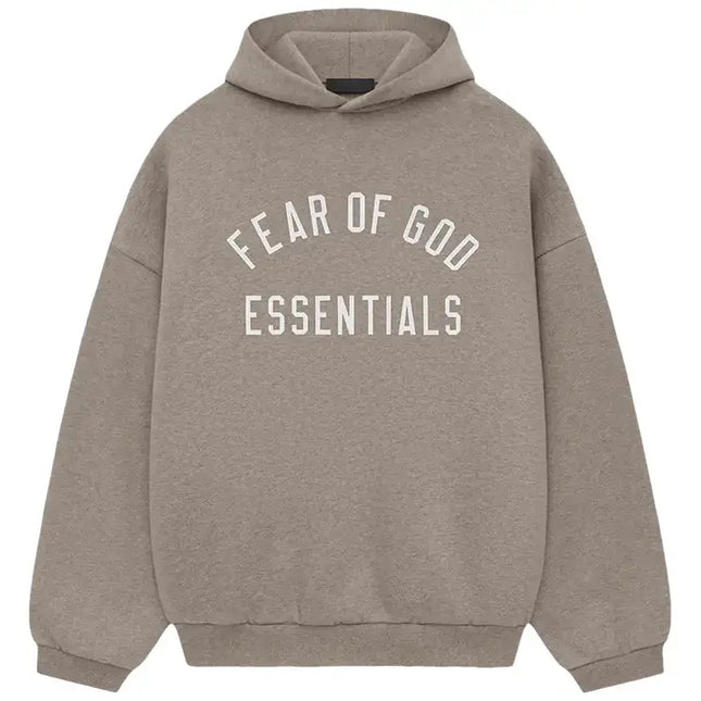 Taupe-colored Fear of God Essentials Fleece Hoodie featuring stylish logo design