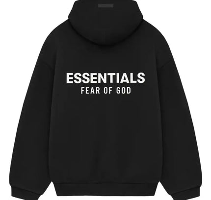 Black Fear of God Essentials Fleece Hoodie perfect for pairing with Nike Dunks