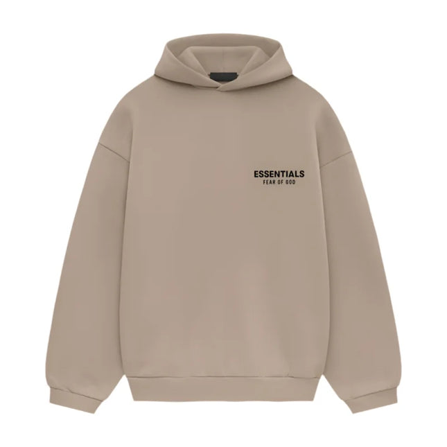 Beige Fear of God Essentials Fleece Hoodie with printed text on chest