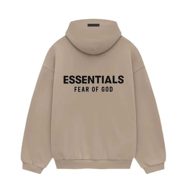 Beige Fear of God Essentials Fleece Hoodie with text on back for stylish streetwear