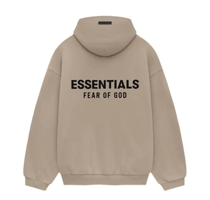 Beige Fear of God Essentials Fleece Hoodie with text on back for stylish streetwear