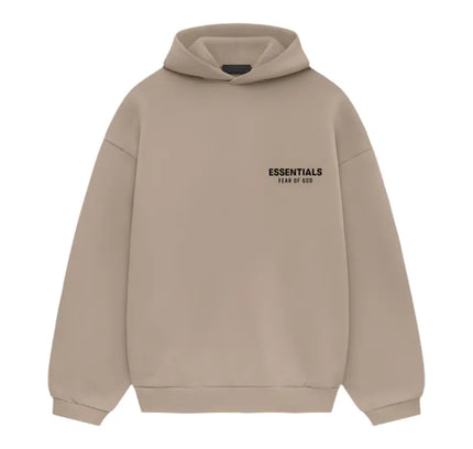 Beige Fear of God Essentials Fleece Hoodie with printed text on chest